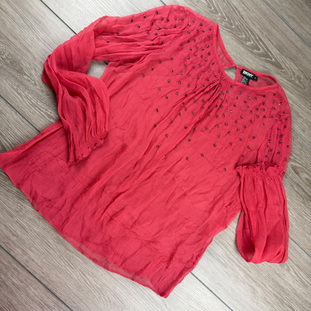 DKNY Womens Blouse Silk Beaded Chiffon Long Sleeve Pink Red Size 12